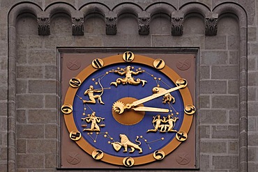 Tower clock with star signs on the tower of the former Imperial Post Office, 1874, in neo-Romanesque style, Hansering, Halle Saale, Saxony-Anhalt, Germany, Europe