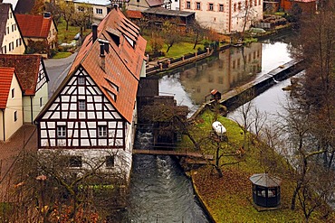 View of an old watermill on the Pegnitz river, Velden an der Pegnitz, Middle Franconia, Bavaria, Germany, Europe