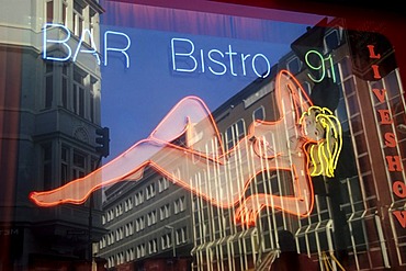 Neon advertising of a bar and bistro in the red light district, Frankfurt am Main, Hesse, Germany, Europe