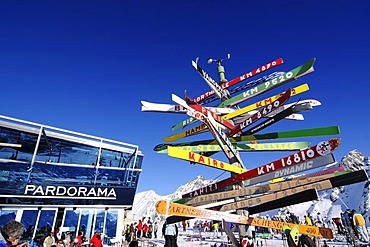 Signpost made of old skis with distances to various cities, Pardorama mountain restaurant, Ischgl ski resort, Tyrol, Austria, Europe