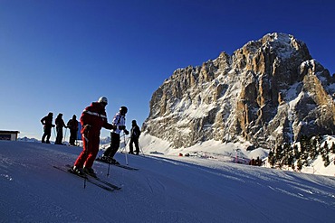 Ski piste at Santa Cristina, Selva, Langkofel mountain, Sella Ronda, Val Gardena, South Tyrol, Italy, Europe