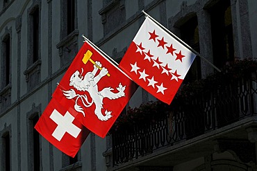 Swiss flag, flag of Valais, in Martigny, Valais, Switzerland, Europe