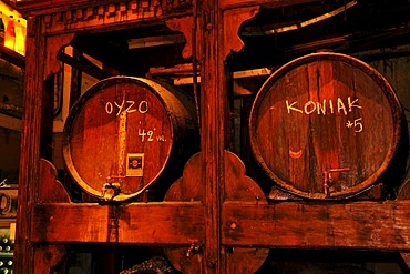 Brettos Bar, ouzo and cognac barrels, Plaka, Athens, Greece, Europe