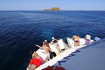 Tourists on a tour boat, Ibiza, Pine Islands, Balearic Islands, Spain, Europe