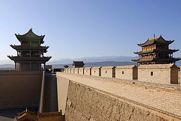 Jiayuguan fortress with two gatehouses at the western end of the Great Wall, Silk Road, Gansu, China, Asia