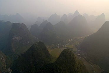 Rocky karst landscape near Yangshuo, aerial, Guilin, Guangxi, China, Asia