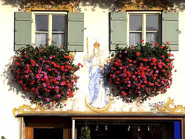 Painted saint figure, mural, Oberaudorf, Upper Bavaria, Germany, Europe