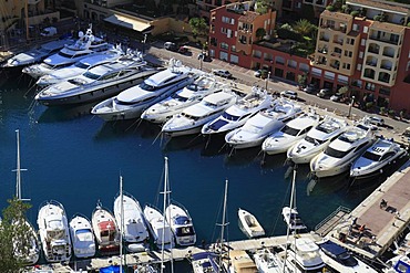 Port of Fontvieille, with luxury yachts, seen from the terrace in front of the Prince's Palace, Principality of Monaco, Cote d'Azur, Europe