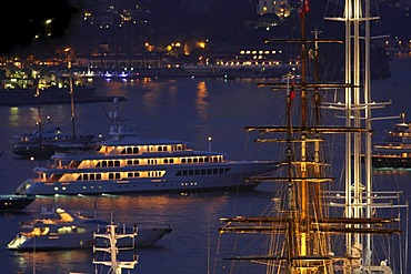 Yachts off Monaco during the Formula 1 Grand Prix at night, Principality of Monaco, Cote d'Azur, Europe