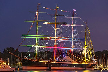 Illuminated four-masted barque Passat, Travemuende Week 2009, Travemuende, Schleswig-Holstein, Germany, Europe