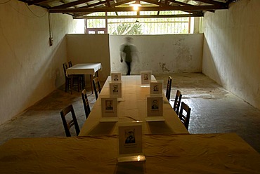 History, furnished cave of the Communist Pathet Lao resistance fighters, table and chairs, old photos of politicians, Tham Than Kaysone Phomvihane, Vieng Xai, Houaphan province, Laos, Southeast Asia, Asia