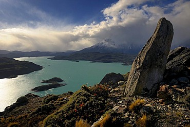 View of Pehoe Lake with two small islands, Patagonia, Chile, South America