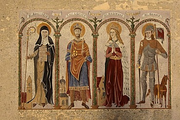 The Bussen saints, Saint Adelindis, Charlemagne, St. Hilgigard, St. Gerold, painting on a wall in Offingen, Landkreis Biberach district, Upper Swabia, Baden-Wuerttemberg, Germany, Europe