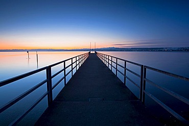 Pier in the morning light on the shore of Lake Constance, Konstanz, Baden-Wuerttemberg, Germany, Europe