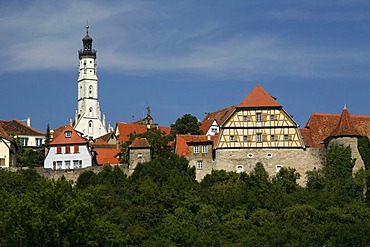 View of the city from the double bridge, historic Rothenburg ob der Tauber, Bavaria, Germany, Europe