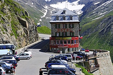 Car park at the Rhone Glacier with Furka Pass Road and the Belvedere Hotel, Canton of Valais, Switzerland, Europe