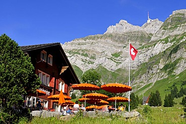 Restaurant on Schwaegalp Mountain in front of Saentis Mountain, the highest mountain in Alpstein Mountains, Canton of Appenzell, Switzerland, Europe