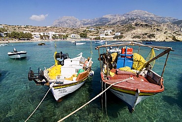 Fishing boats in the bay of Lefkos on the Greek island of Karpathos, Greece, Europe