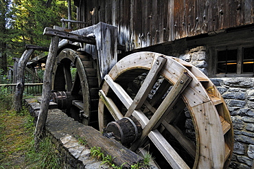 Old waterwheels of a corn mill, Glentleiten farming museum, Bavaria, Germany, Europe