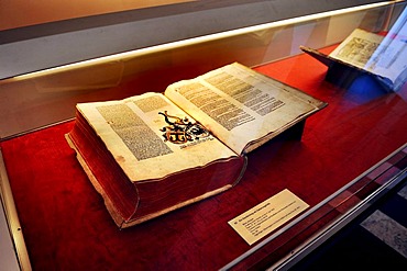 Bavarian State Library, first floor, exhibition in the Treasury, When letters became mobile ? transition of media in the 15th century, Bible from circa 1466, Munich, Bavaria, Germany, Europe