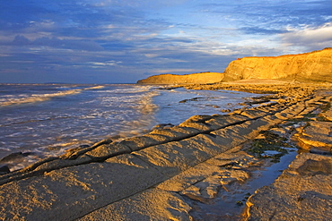 Beach, cliffs, reflecting sunlight, Somerset, England, United Kingdom, Europe