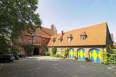 Yellow and blue doors, Westpreussisches Landesmuseum West Prussian State Museum, Drostenhof, Wolbeck, Muenster, Muensterland region, North Rhine-Westphalia, Germany, Europe