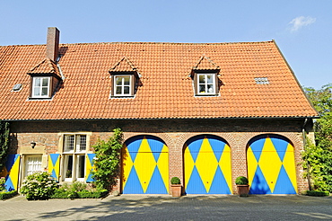 Yellow and blue doors, Westpreussisches Landesmuseum West Prussian State Museum, Drostenhof, Wolbeck, Muenster, Muensterland region, North Rhine-Westphalia, Germany, Europe