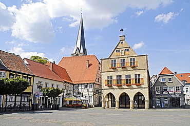 Town hall, market square, church, market place, historic old town, half-timbered facades, Werne, Kreis Unna district, North Rhine-Westphalia, Germany, Europe