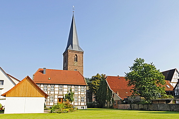 Church and half-timbered houses, historic town centre, Luegde, Bad Pyrmont, Teutoburg Forest Park, North Rhine-Westphalia, Germany, Europe