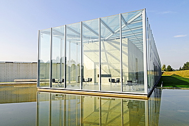 Glass, construction, modern architecture, pond, former missile base, art museum, Langen Foundation, architect Tadao Ando, Hombroich, Kreis Neuss district, North Rhine-Westphalia, Germany, Europe