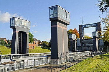 New boat lift, Henrichenburg boat lift, Schleusenpark, Waltrop Lock Park, Westphalian Industrial Museum, Route of Industrial Heritage, Dortmund Ems Canal, Waltrop, North Rhine-Westphalia, Germany, Europe