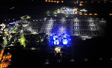 Aerial photo, Emscher sewage treatment plant with digestion towers at night, Kolonie Emscher, Bottrop, Extraschicht 2009 cultural festival, night flight, Bochum, Ruhrgebiet area, North Rhine-Westphalia, Germany, Europe