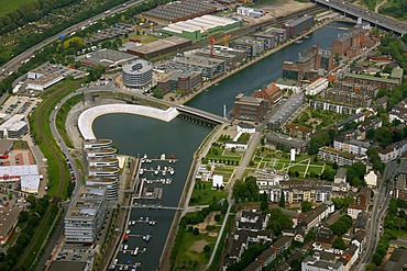 Aerial photo, Alltours tourist companies, Innenhafen Inner harbor, synagogue, Fiveboats Hitachi administration, Duisburg, Ruhrgebiet area, North Rhine-Westphalia, Germany, Europe