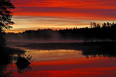 Spectacular sunrise at a Swedish raised moss lake, Dalarna, Scandinavia, Sweden, Europe