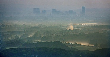 Aerial photo, Ruhr River with morning mist and ground fog in the Ruhr Valley, skyline of Essen, Werden and Kettwig, Essen, Ruhr area, North Rhine-Westphalia, Germany, Europe