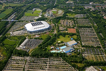 Aerial, Sportparadies sports paradise, Schalke Feld, Veltins-Arena stadium, S04 football club, Buer, Gelsenkirchen, Ruhrgebiet area, North Rhine-Westphalia, Germany, Europe