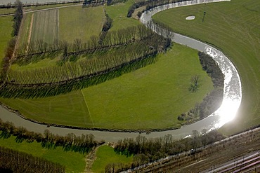 Aerial photo, floodplain of the Lippe river, sun reflection, holders, Muensterland area, Ruhrgebiet region, North Rhine-Westphalia, Germany, Europe