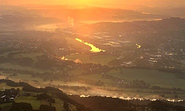 Aerial photo, sunrise, Ruhr river, Ruhr river valley, morning fog, Hattingen, Ruhrgebiet area, North Rhine-Westphalia, Germany, Europe