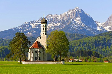 Pilgrimage Church of St. Coloman near Fuessen, Thannheim Mountains, spring, East Allgaeu, Allgaeu, Bavaria, Germany, Europe