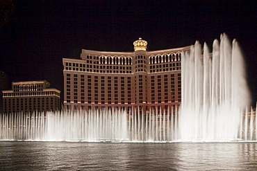 Water show at the Bellagio Hotel at night, Las Vegas, Nevada, USA