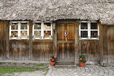 Entrance of a historic farmhouse in Wilsede, Lueneburg Heath Nature Park, Lower Saxony, Germany, Europe