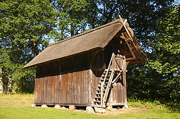 Historic Treppenspeicher storehouse in Wilsede, Lueneburg Heath Nature Park, Lower Saxony, Germany, Europe