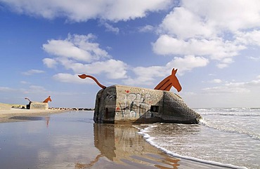 Art at a bunker, bunker from World War II decorated as a mule on the beach of Blavand, Jutland, Denmark, Europe