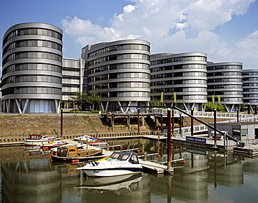 Marina and Five Boats building, Inner Harbour, Duisburg, North Rhine-Westphalia, Germany, Europe