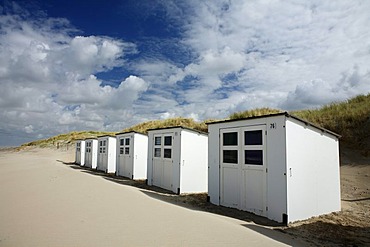 Wooden beach huts against a blue sky, beach near the De Slufter nature reserve, Texel, Holland, The Netherlands, Europe