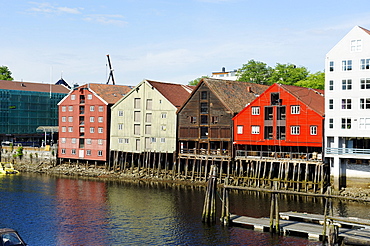 Former trading houses at the Kjopmannsgata on the river Nidelva, Trondheim, Norway, Scandinavia, Europe