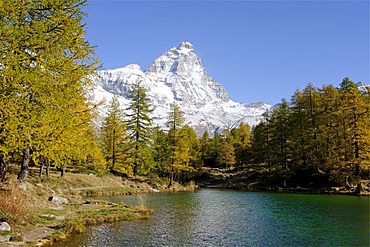 Matterhorn, 4478 m, above the Blue Lake near Breuil-Cervinia, Val Tournenche, Aosta Valley, Piedmont, Italy, Europe