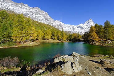 Matterhorn, 4478 m, above the Blue Lake near Breuil-Cervinia, Val Tournenche, Aosta Valley, Piedmont, Italy, Europe