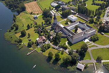 Ossiach Abbey, Lake Ossiach, aerial photo, Carinthia, Austria, Europe