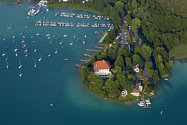 Maria Loretto, aerial photo, Klagenfurt, Lake Woerthsee, Carinthia, Austria, Europe